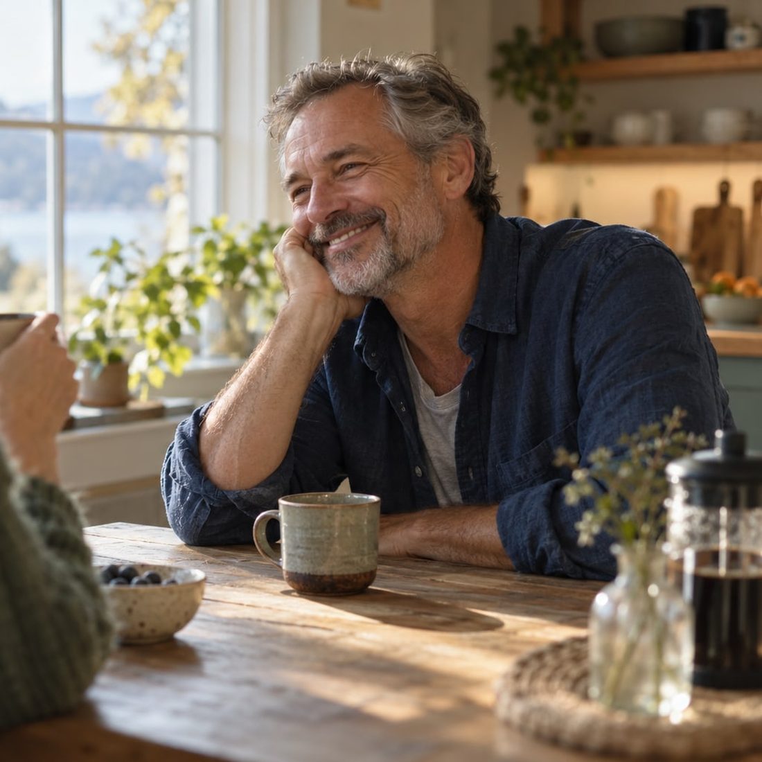 A man laughing over coffee at a kitchen table