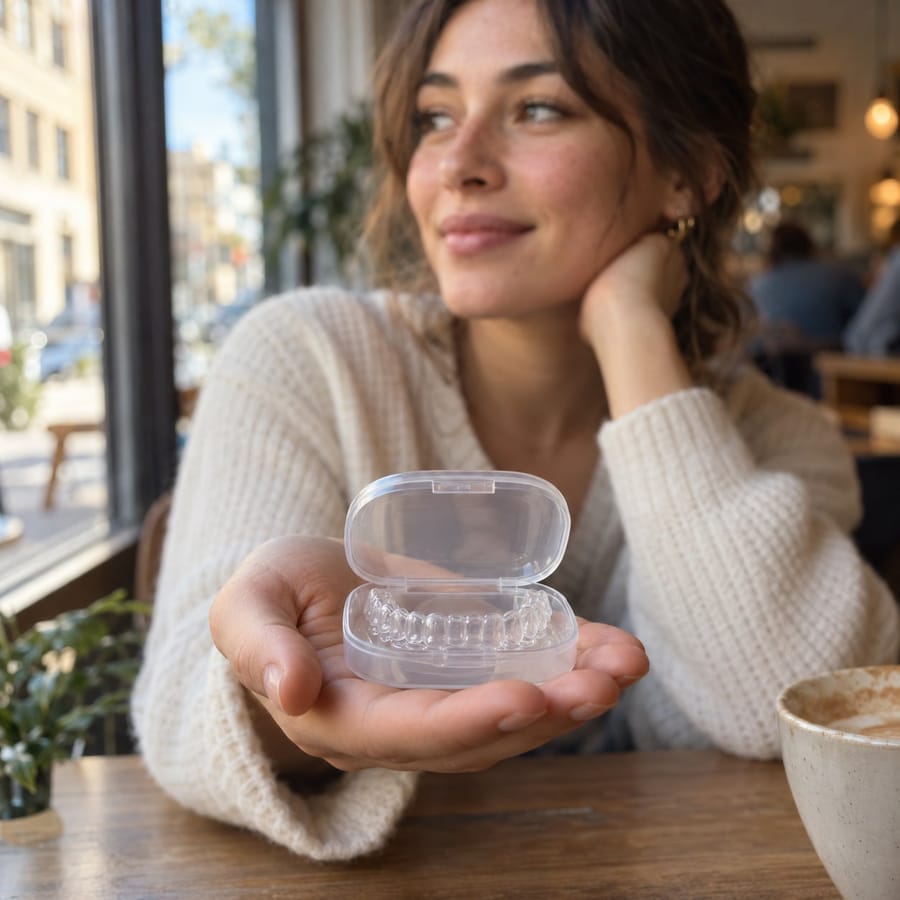 A woman holding a clear aligner case