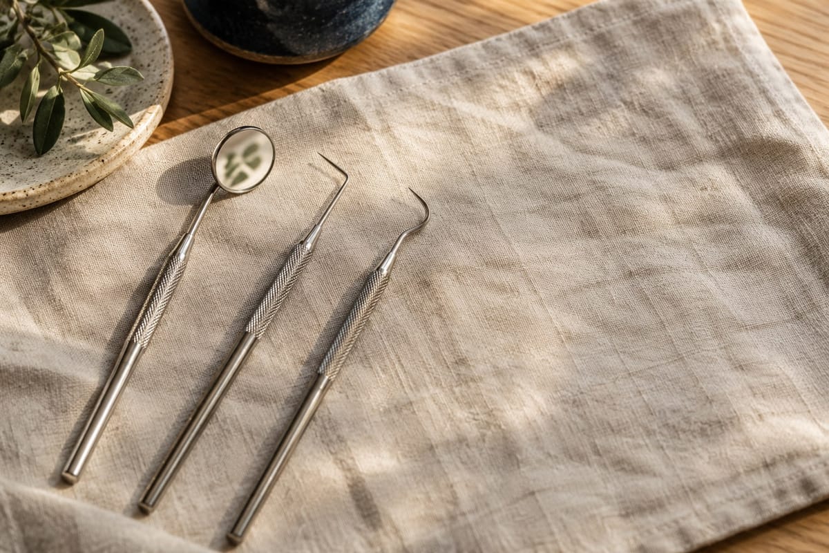 Polished dental instruments laid on linen in warm light