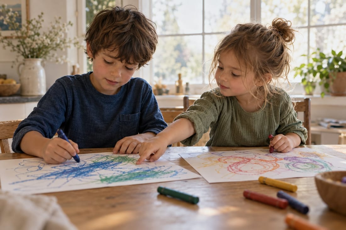 Two young children drawing with crayons at a small table