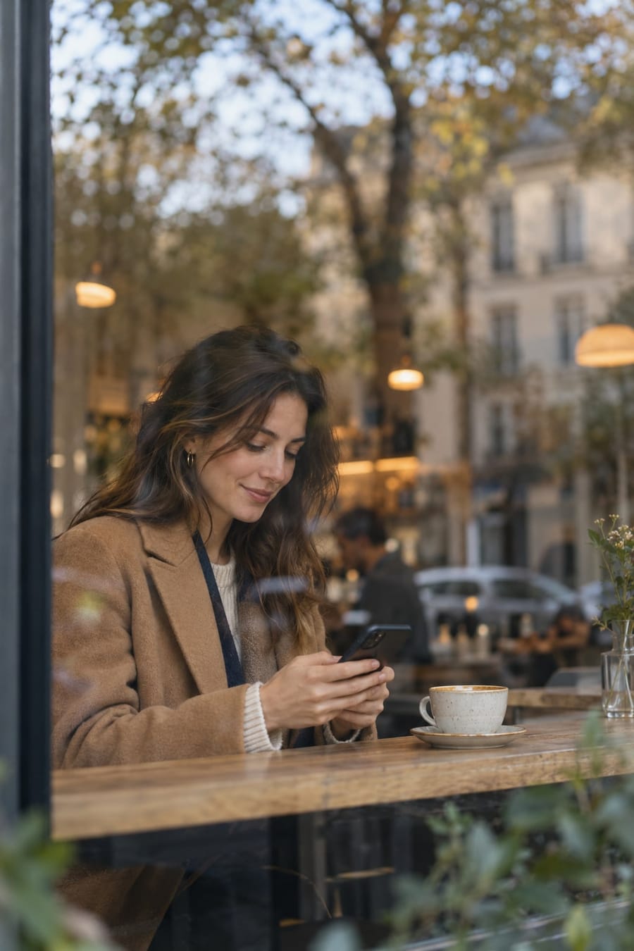 A woman checking her phone at a café window in the morning
