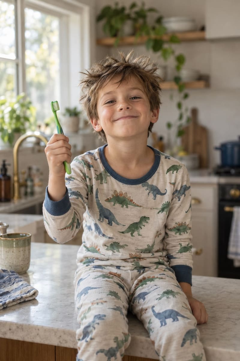 A six-year-old boy grinning and holding up a small toothbrush