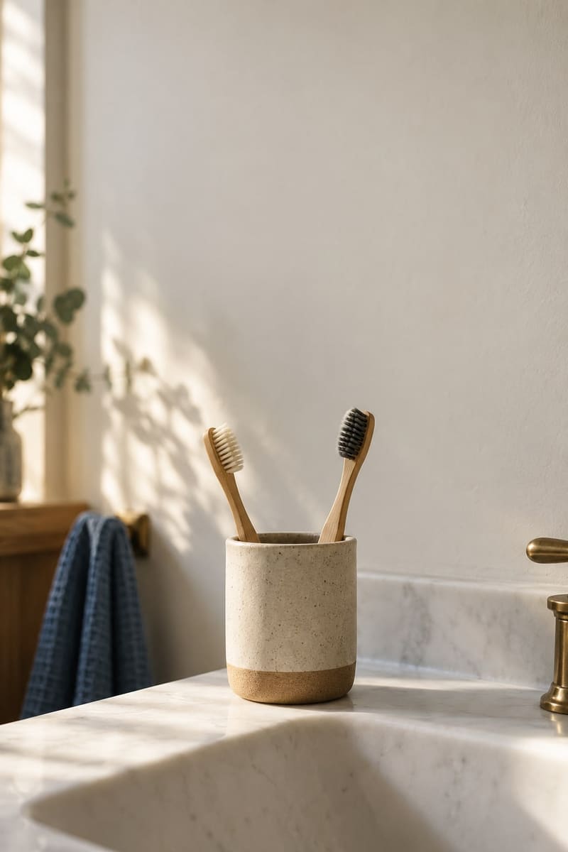 Two bamboo toothbrushes in a stoneware cup by a sink