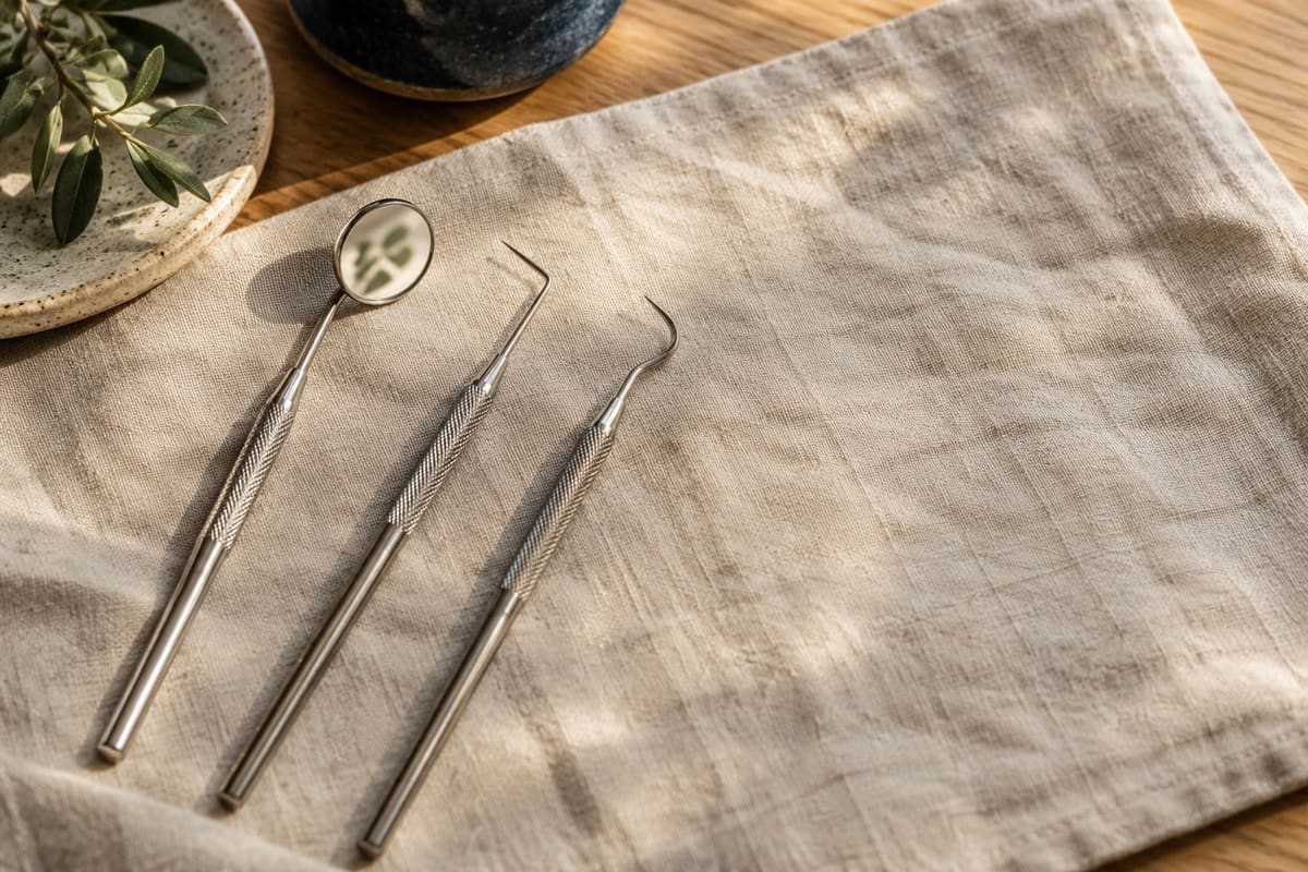 Polished dental instruments laid on linen