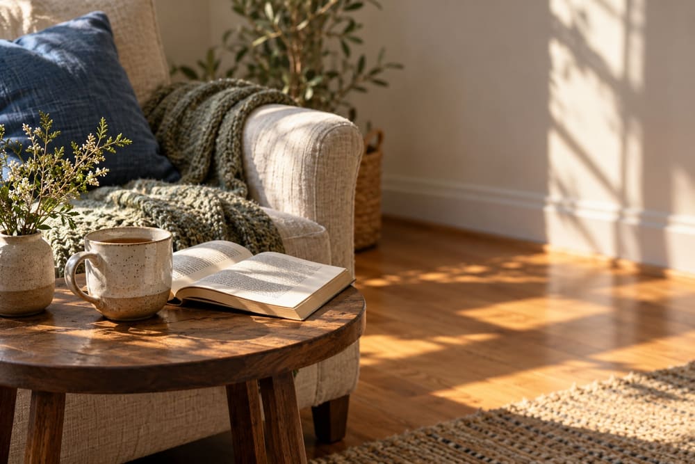 A cup of tea and an open book on a side table in morning sun