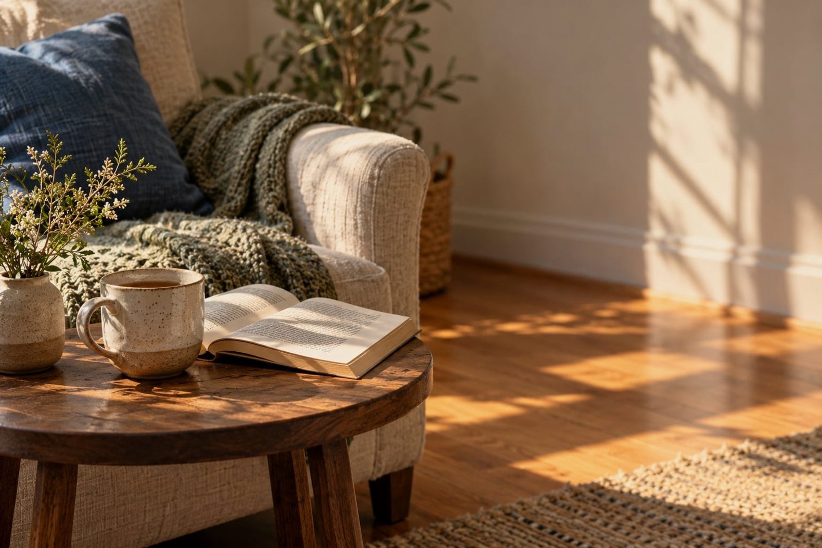 A cup of tea and an open book on a side table beside an armchair