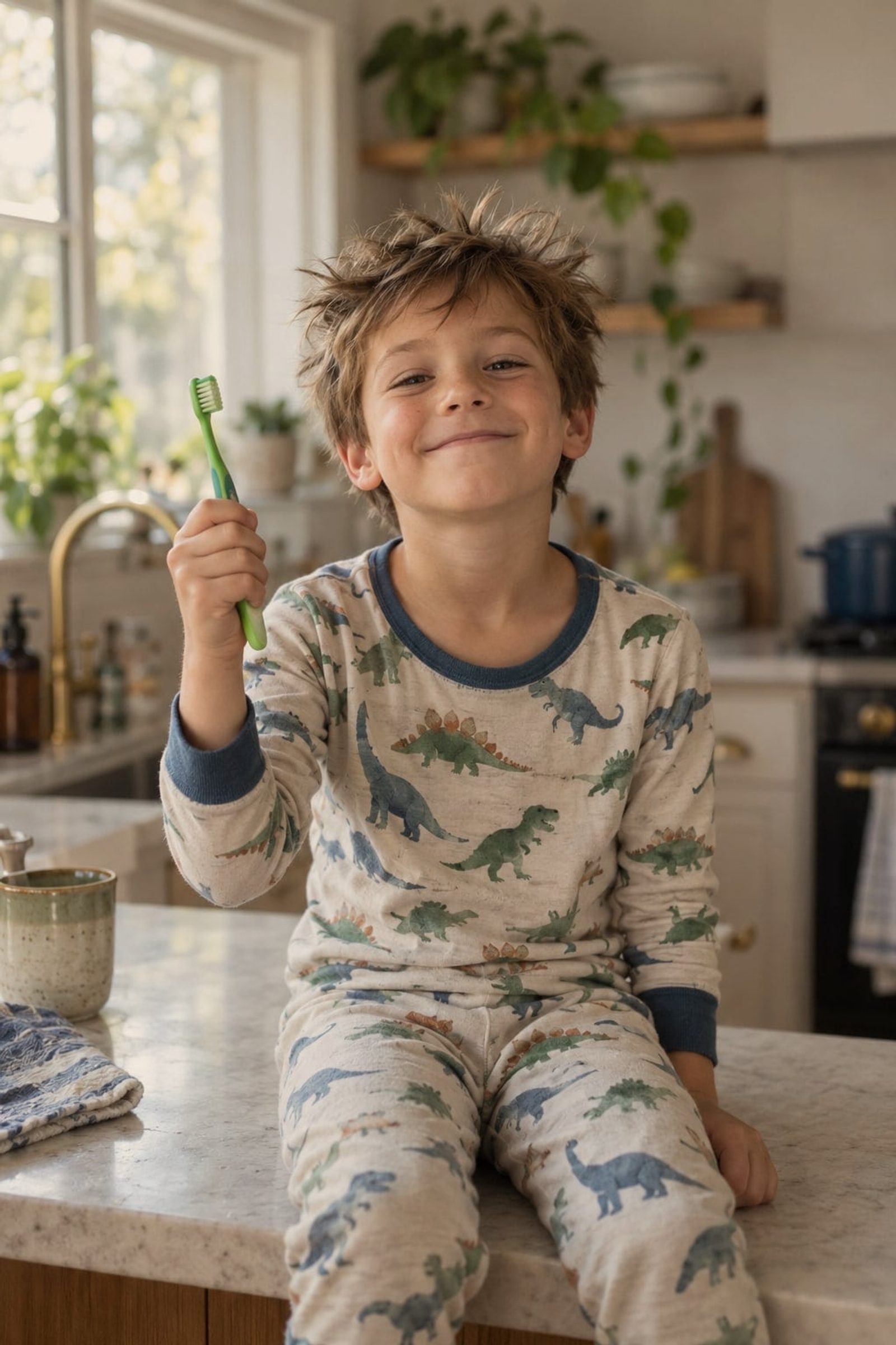 A grinning six-year-old boy holding up a small toothbrush