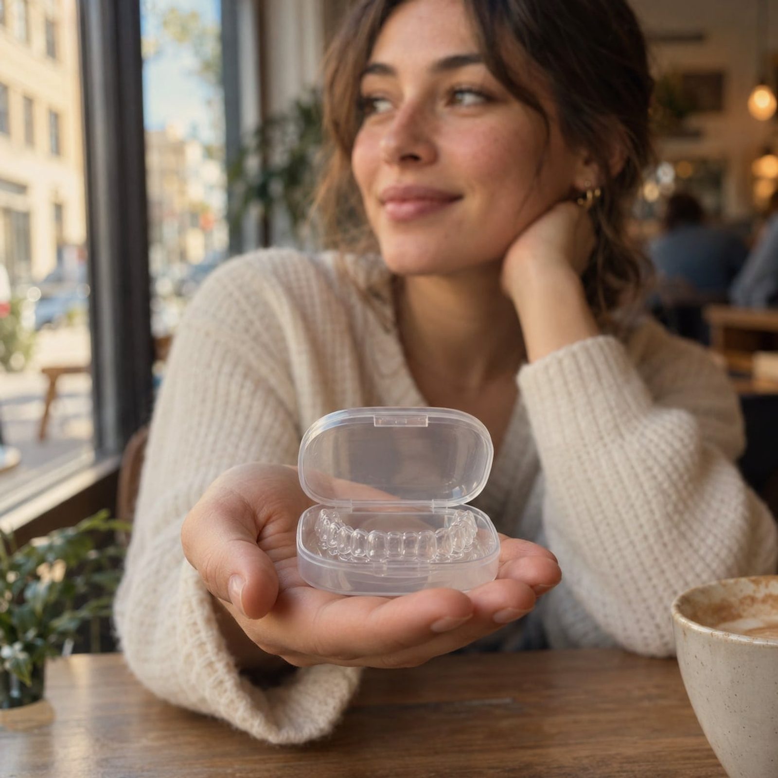 A woman holding a small clear aligner case