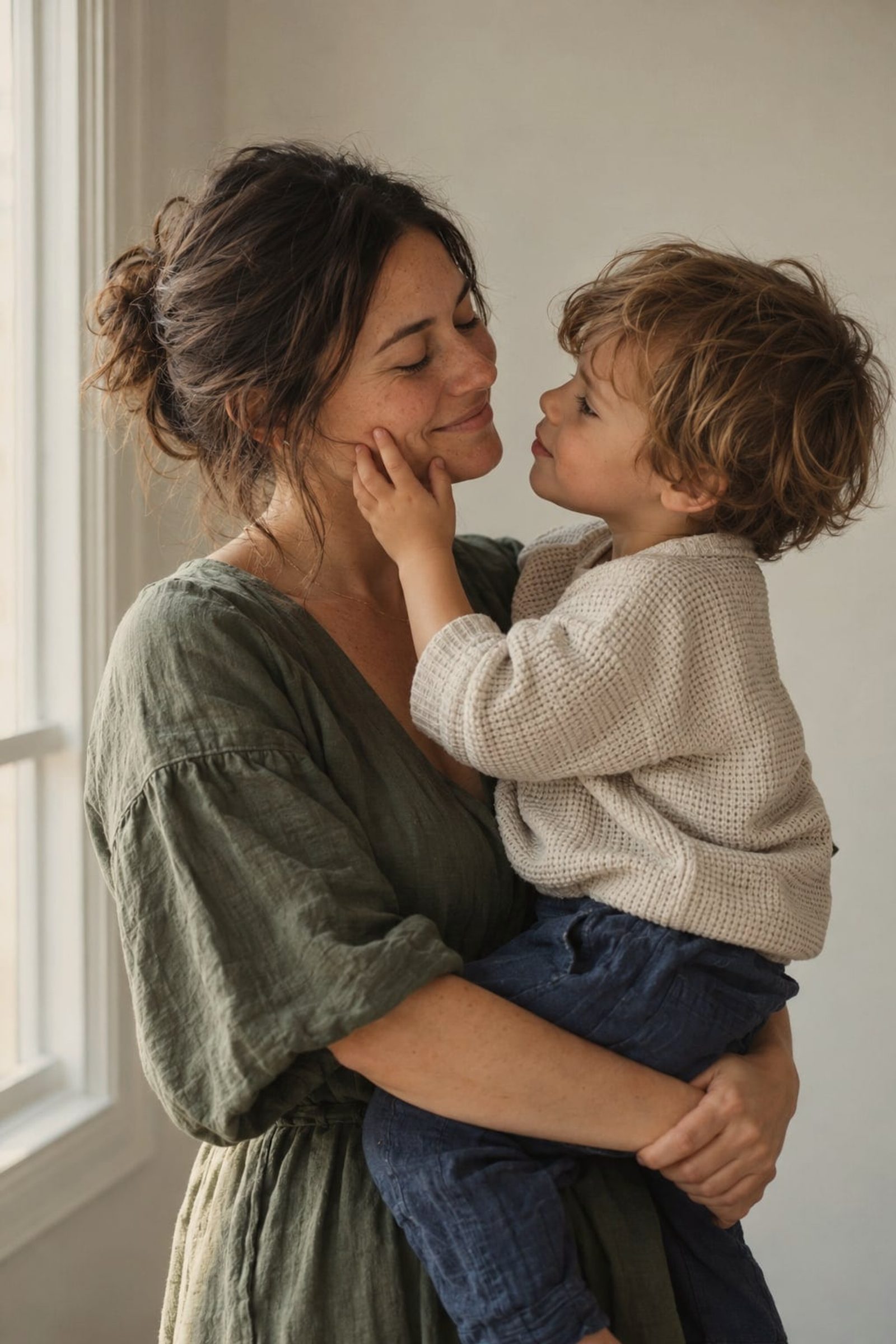 A mother holding her toddler, the toddler’s hand on her cheek