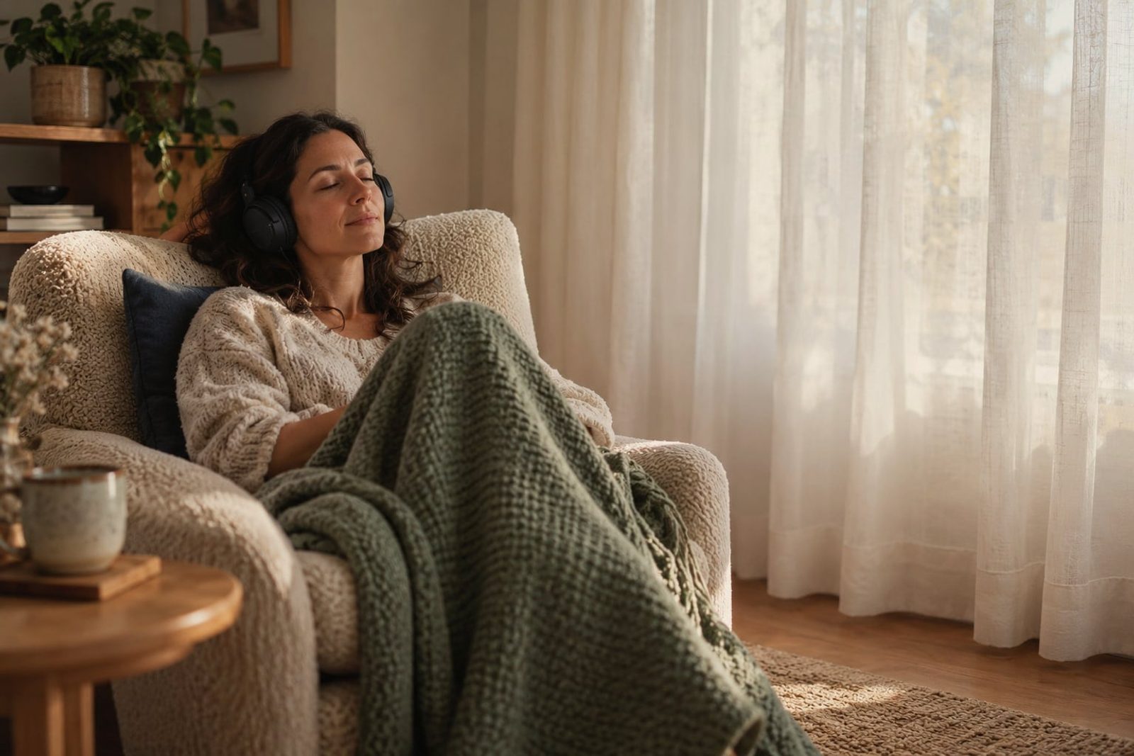 A woman relaxing in an armchair with headphones on, wrapped in a blanket