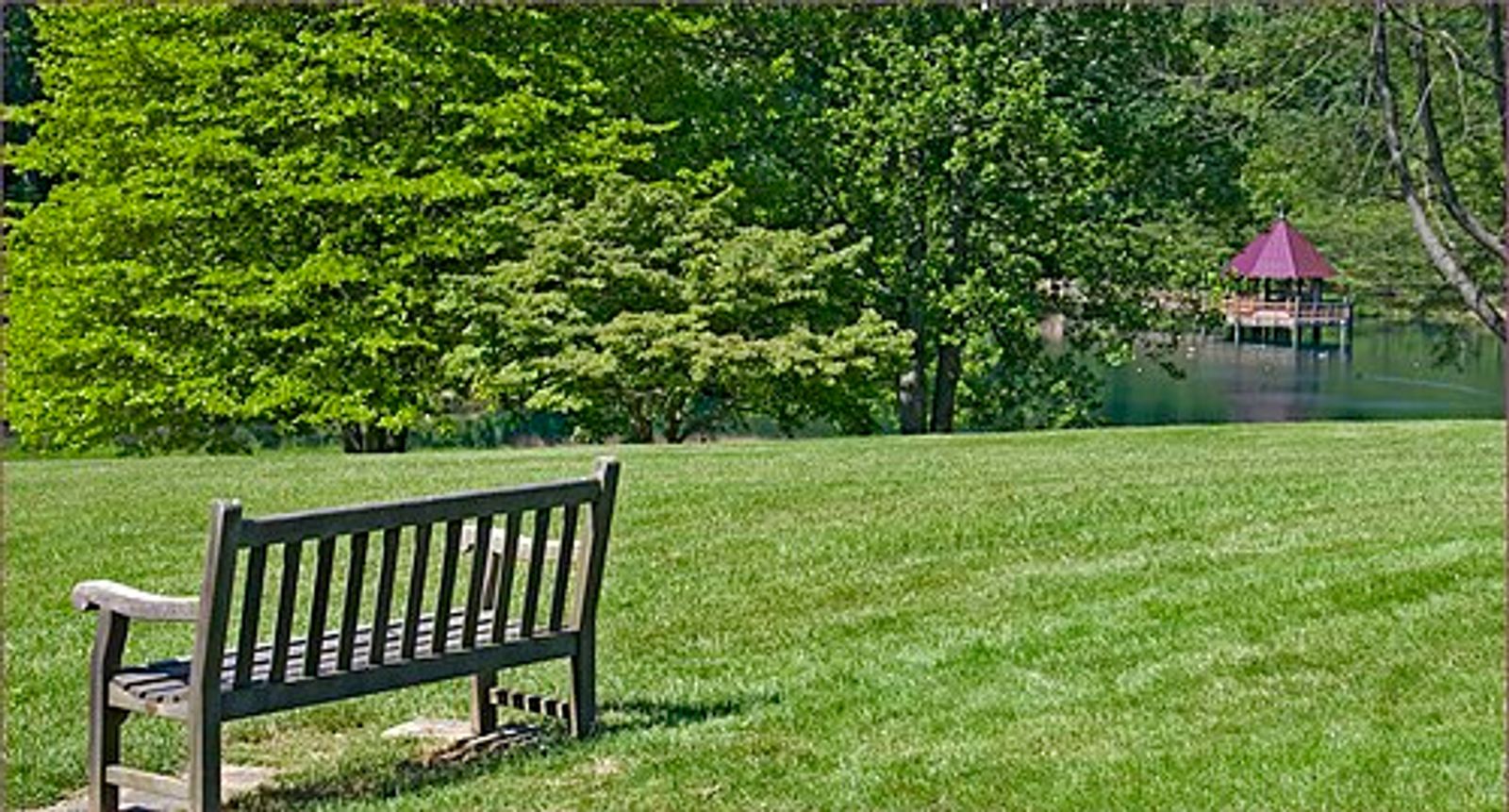 A bench on the lawn by Lake Caroline at Meadowlark Botanical Gardens