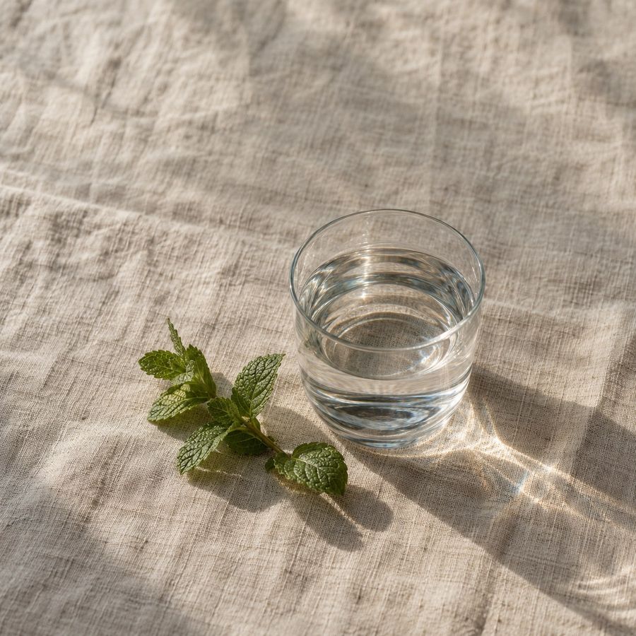 A sprig of fresh mint beside a glass of water on linen