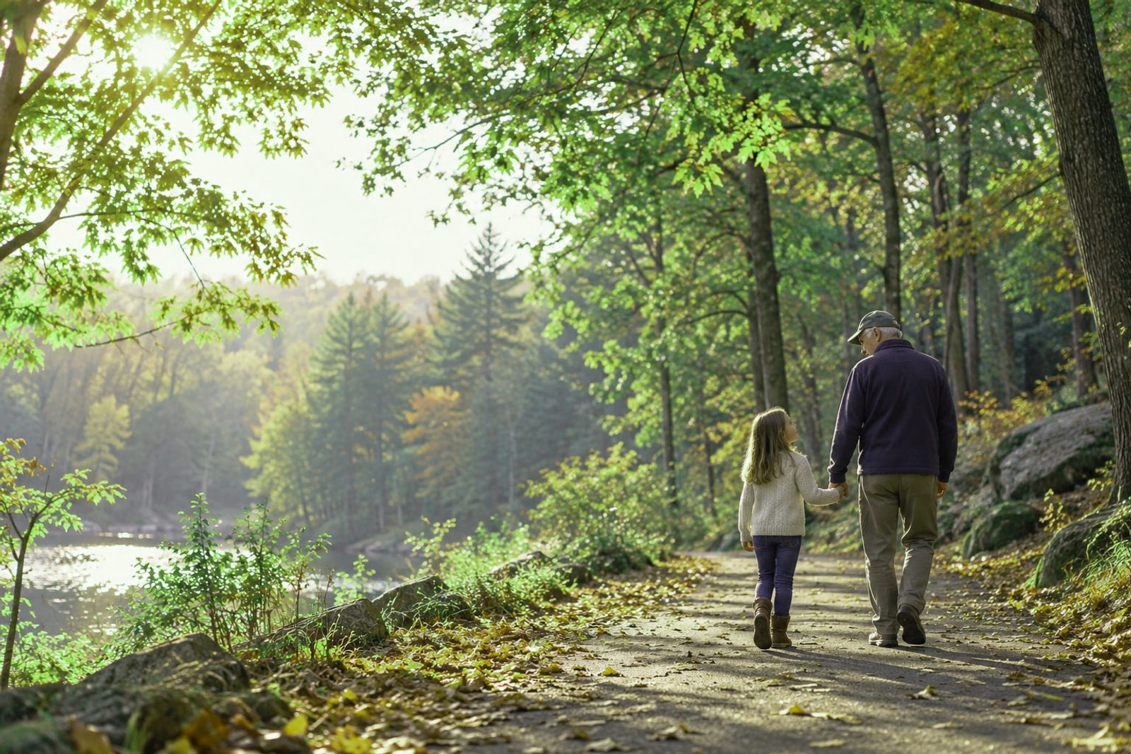 A grandfather and his granddaughter walking hand in hand along a wooded trail