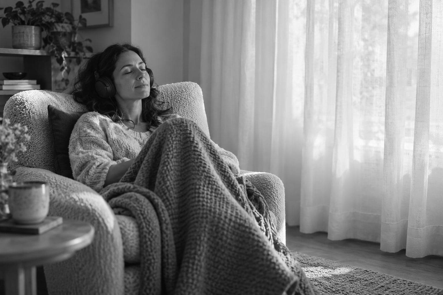 A woman resting in an armchair under a knitted blanket, eyes closed, headphones on.