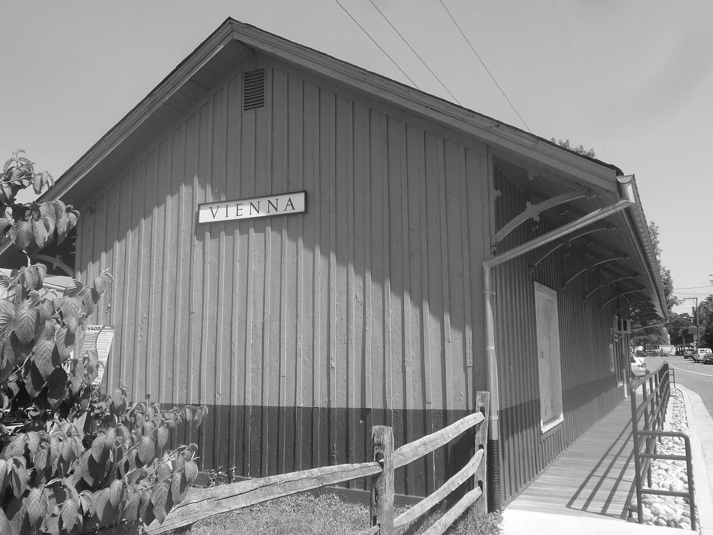 The old Vienna railroad depot, its VIENNA sign on the board-and-batten wall.