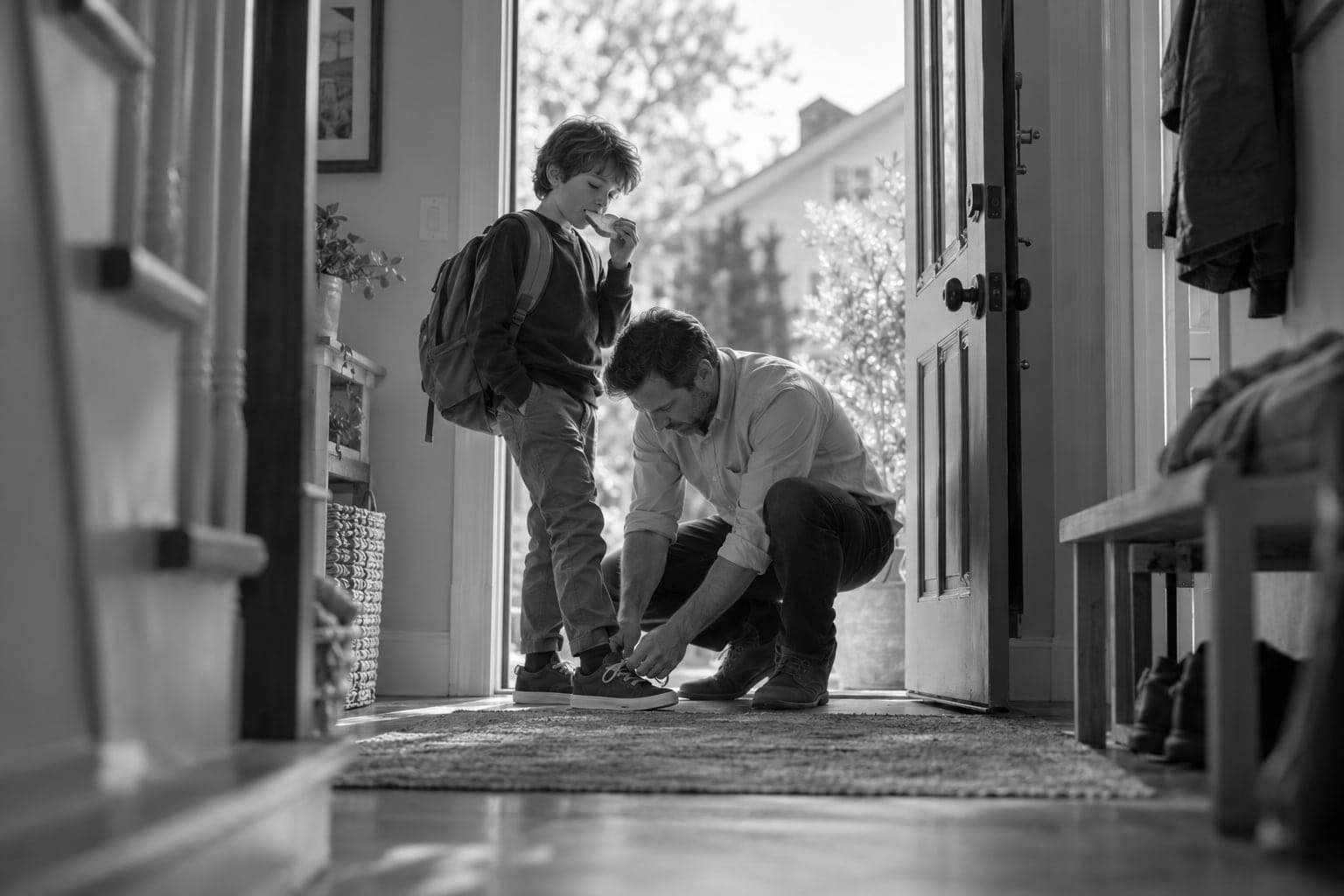 A father kneels in a sunny front doorway to tie his son's shoe before school.