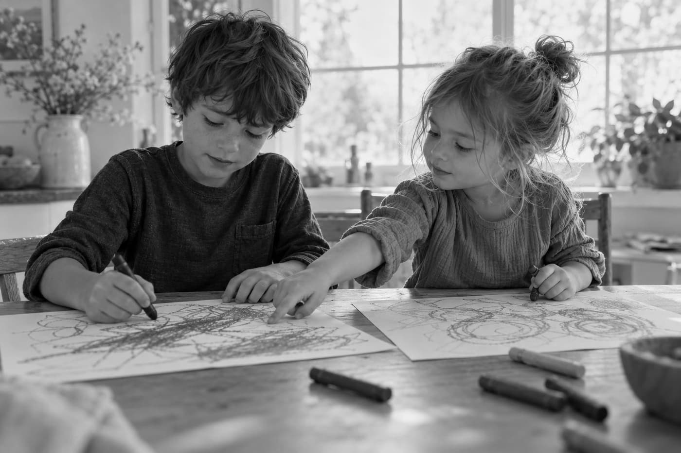 A boy and a girl drawing side by side with crayons.