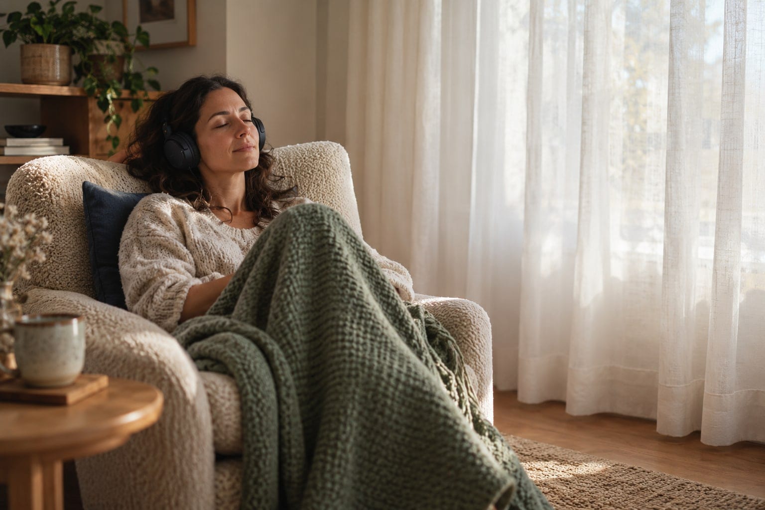 A woman relaxing in an armchair with headphones on, wrapped in a blanket