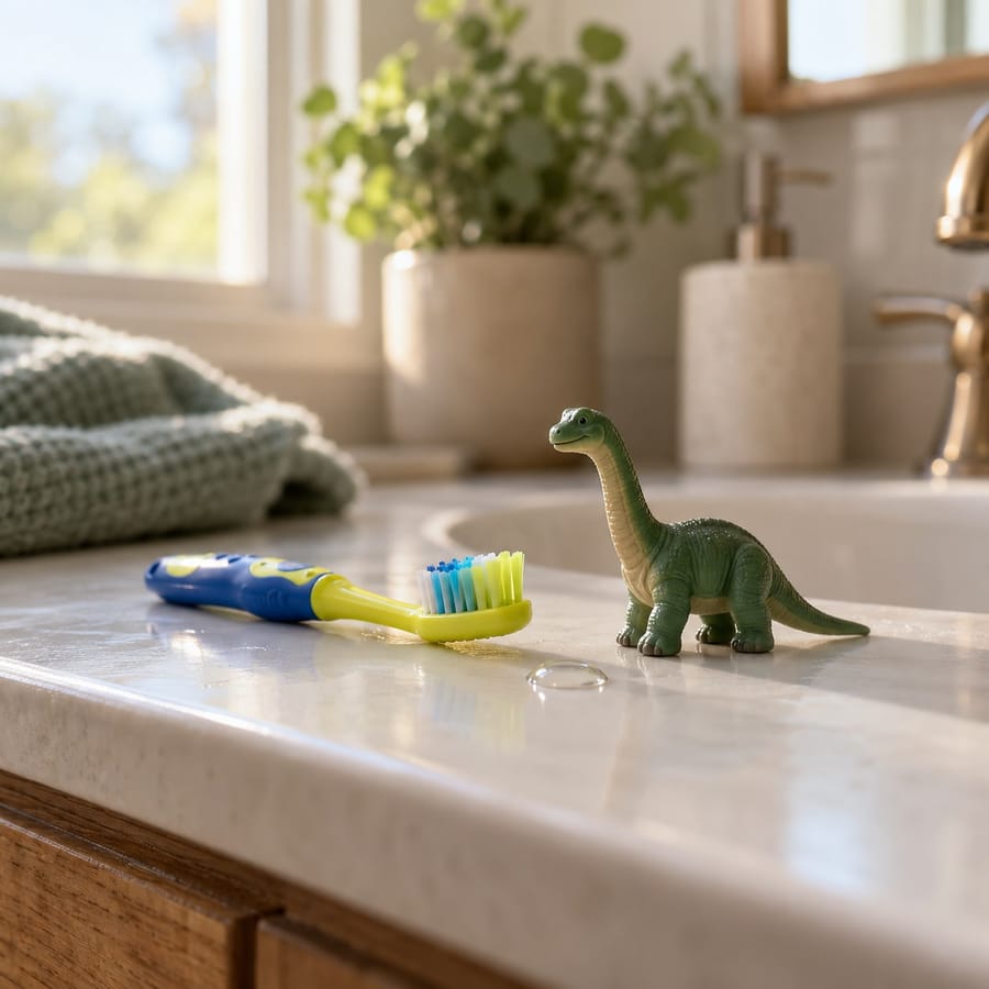 A child's toothbrush and a toy dinosaur on a bathroom counter