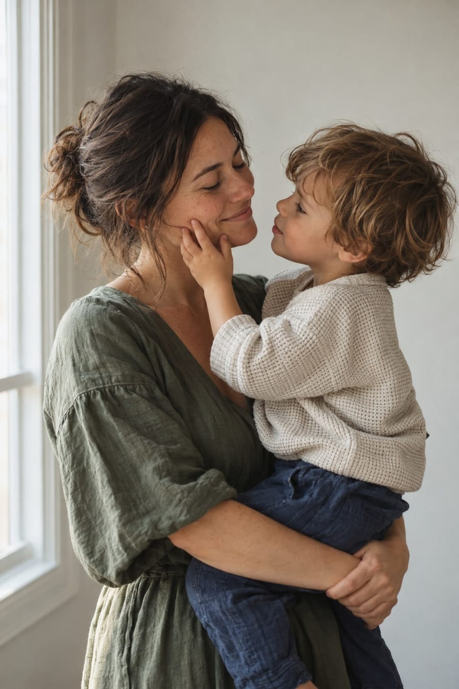 A mother holding her toddler by a window, the child's hand on her cheek