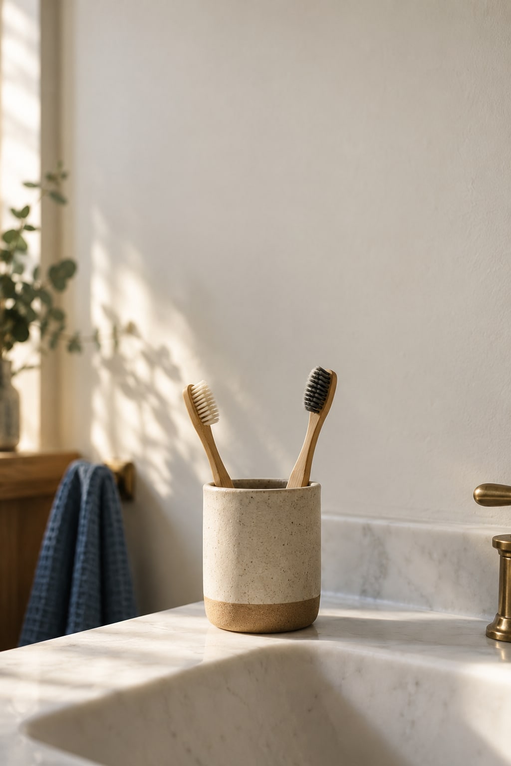 Two bamboo toothbrushes in a stoneware cup