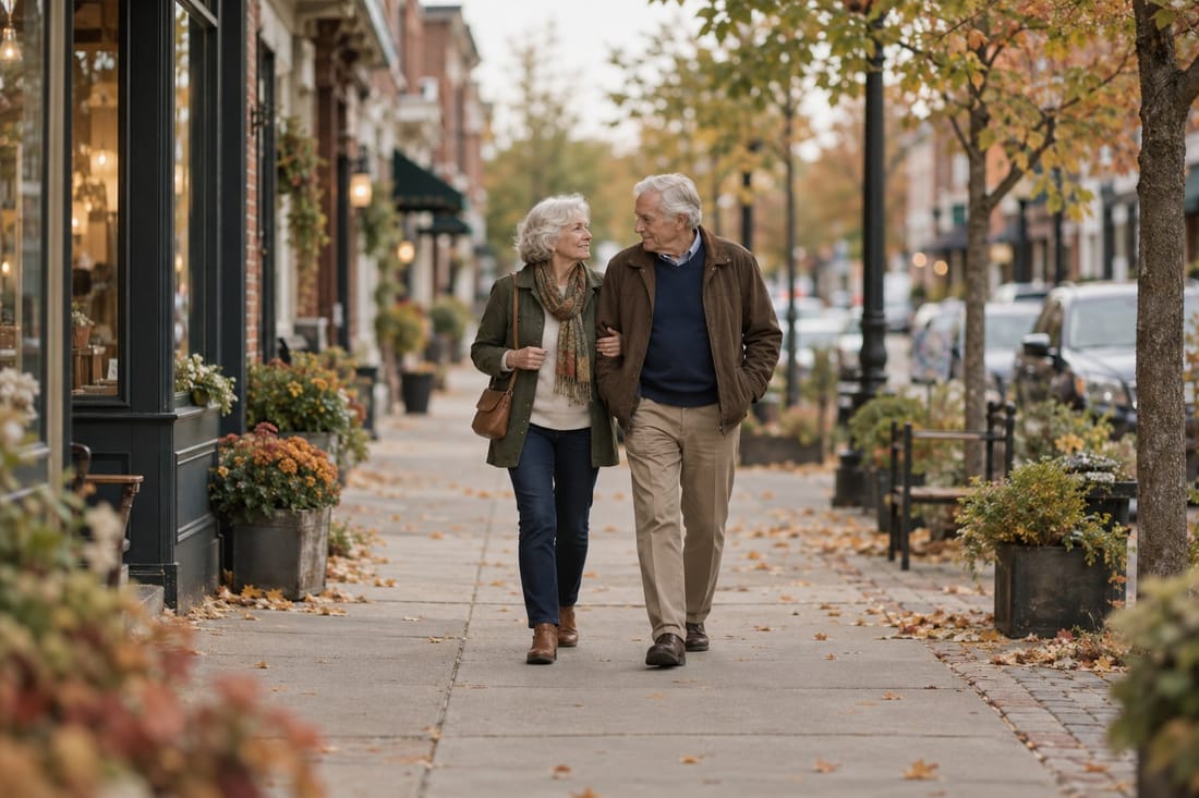 An older couple walking arm in arm down a small-town street
