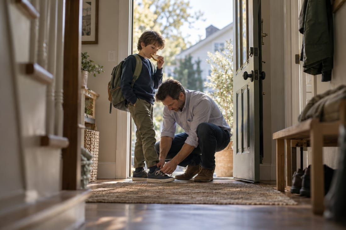 A father tying his son&rsquo;s shoe at the front door in the morning