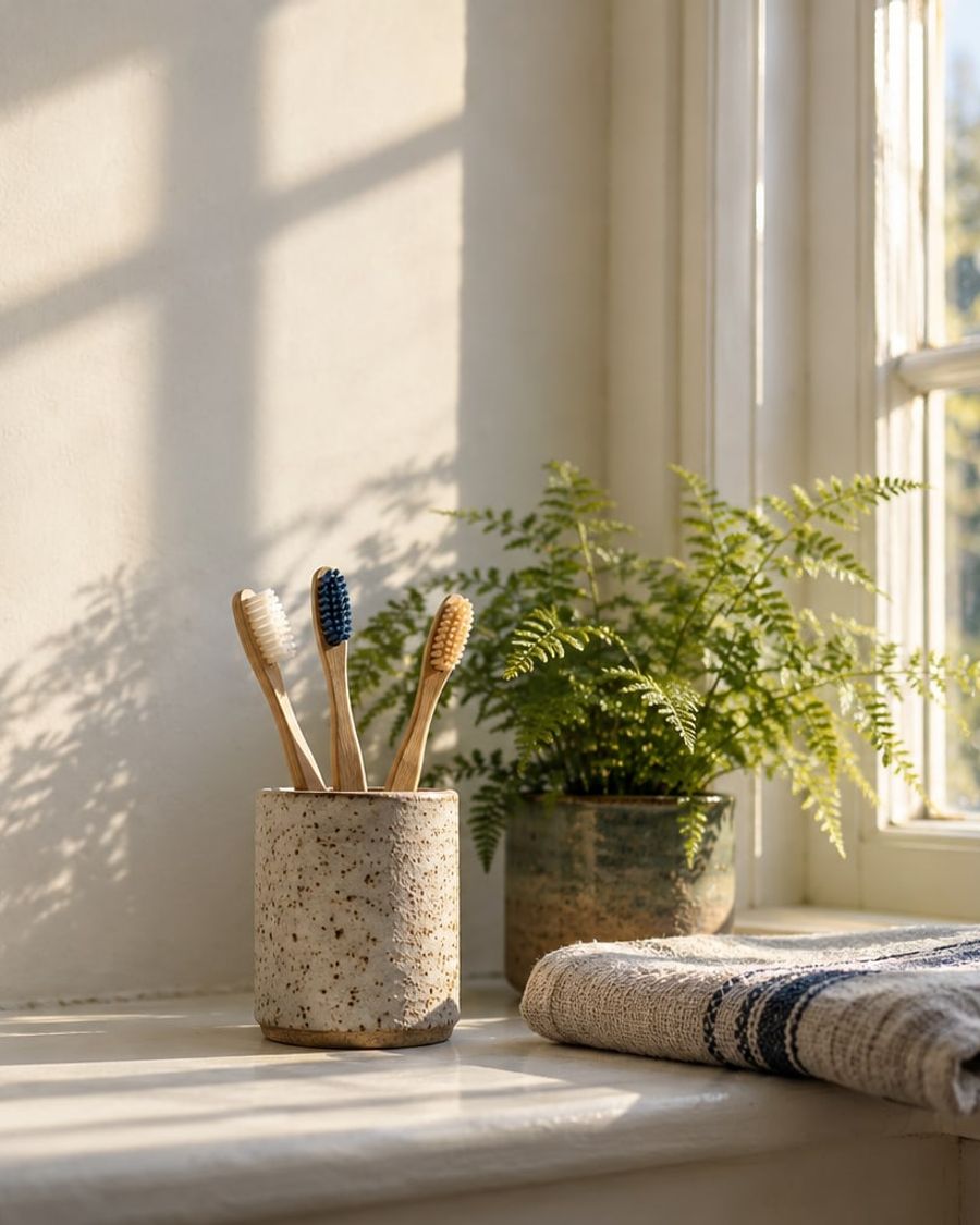 Three bamboo toothbrushes in a stoneware cup on a sunny windowsill, beside a fern