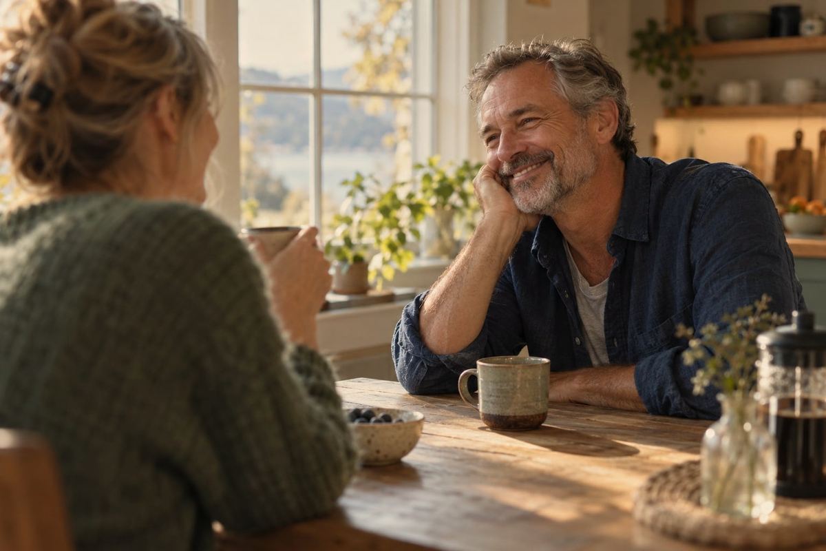 A man laughing with his partner over coffee at a sunny kitchen table