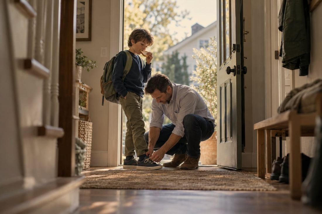 A father kneeling to tie his son's shoe at the front door in the morning