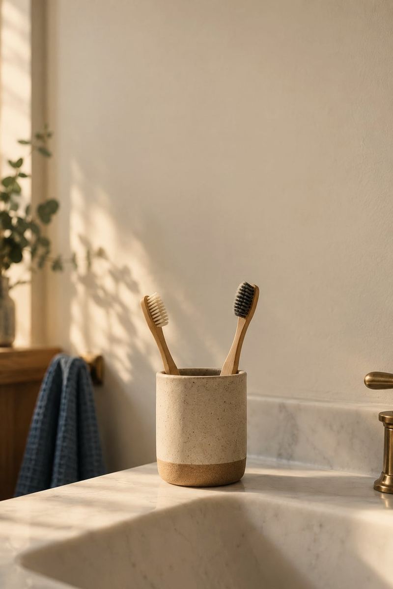 Two bamboo toothbrushes in a stoneware cup by a sunny sink
