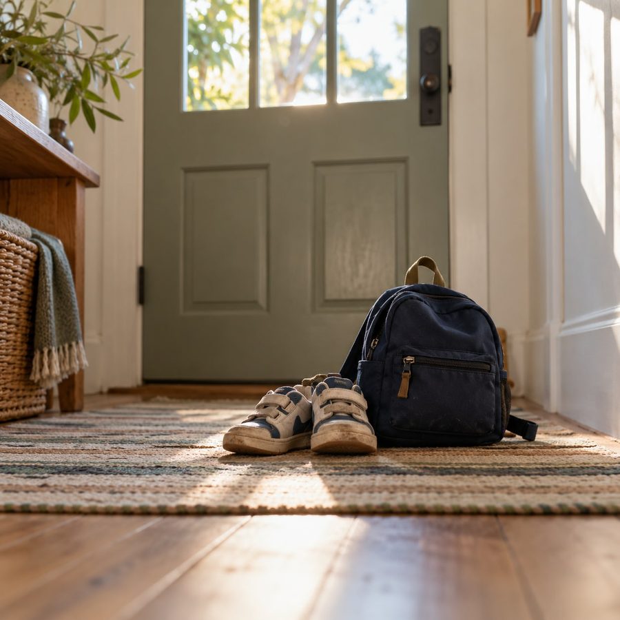 A child's sneakers and backpack by a front door in the morning