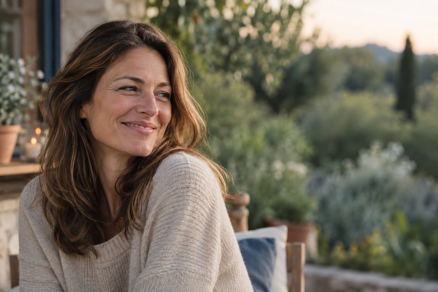 A woman in her forties laughing outdoors in evening light