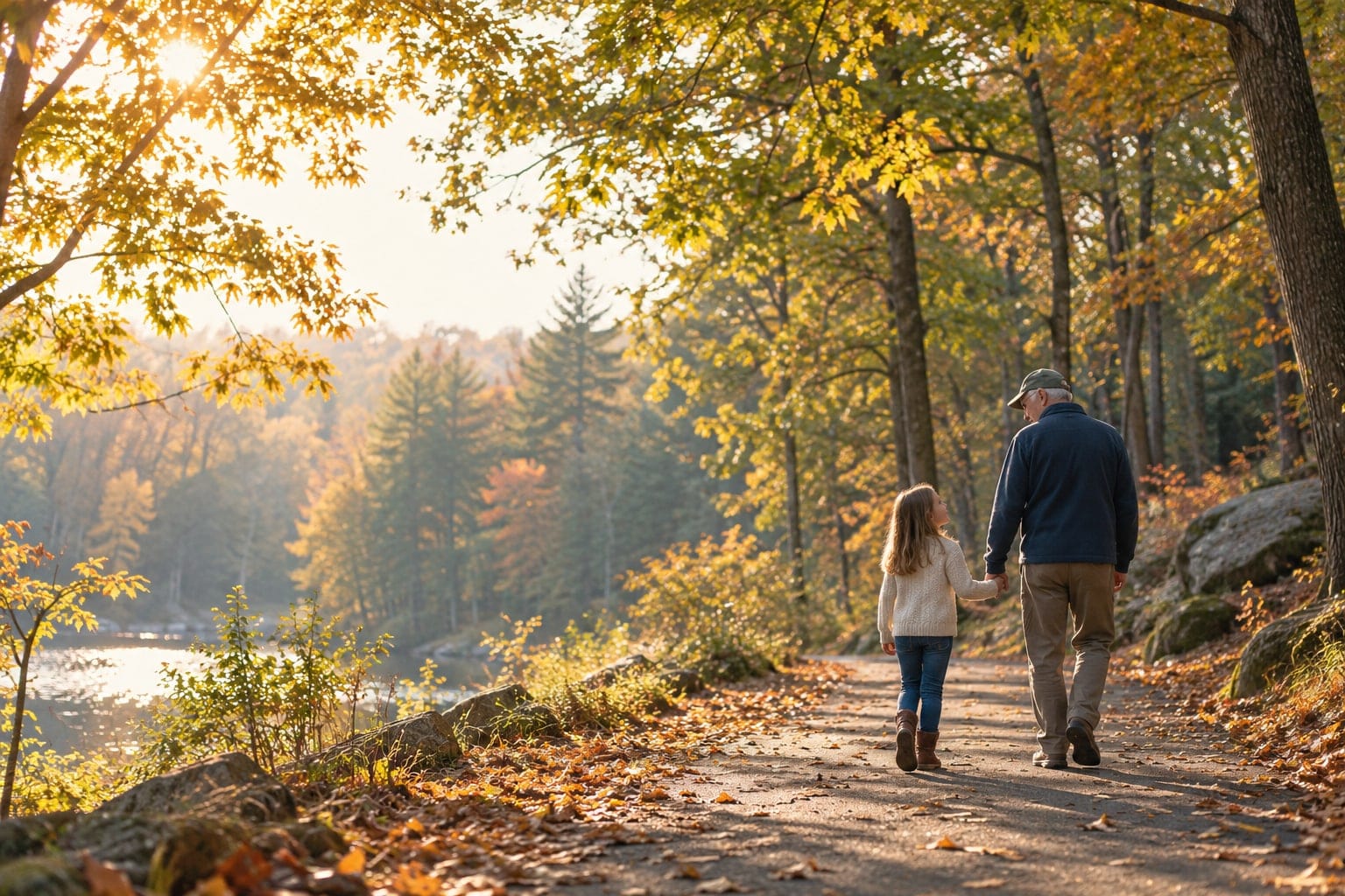 A grandfather and granddaughter walking hand in hand along a wooded autumn trail
