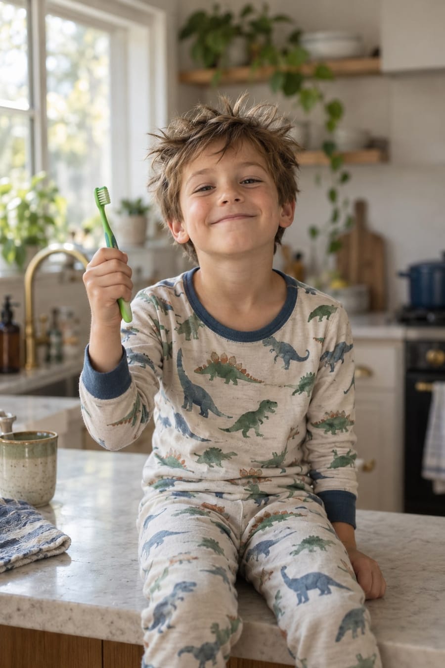 A grinning six-year-old boy holding up a small toothbrush