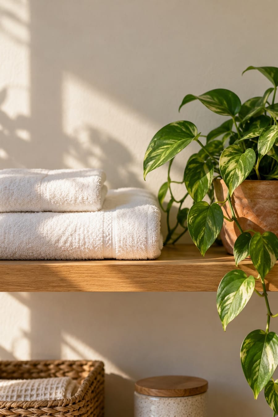 Folded white towels and a trailing plant on a wooden shelf
