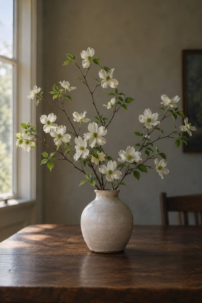 Flowering dogwood branches in a ceramic vase
