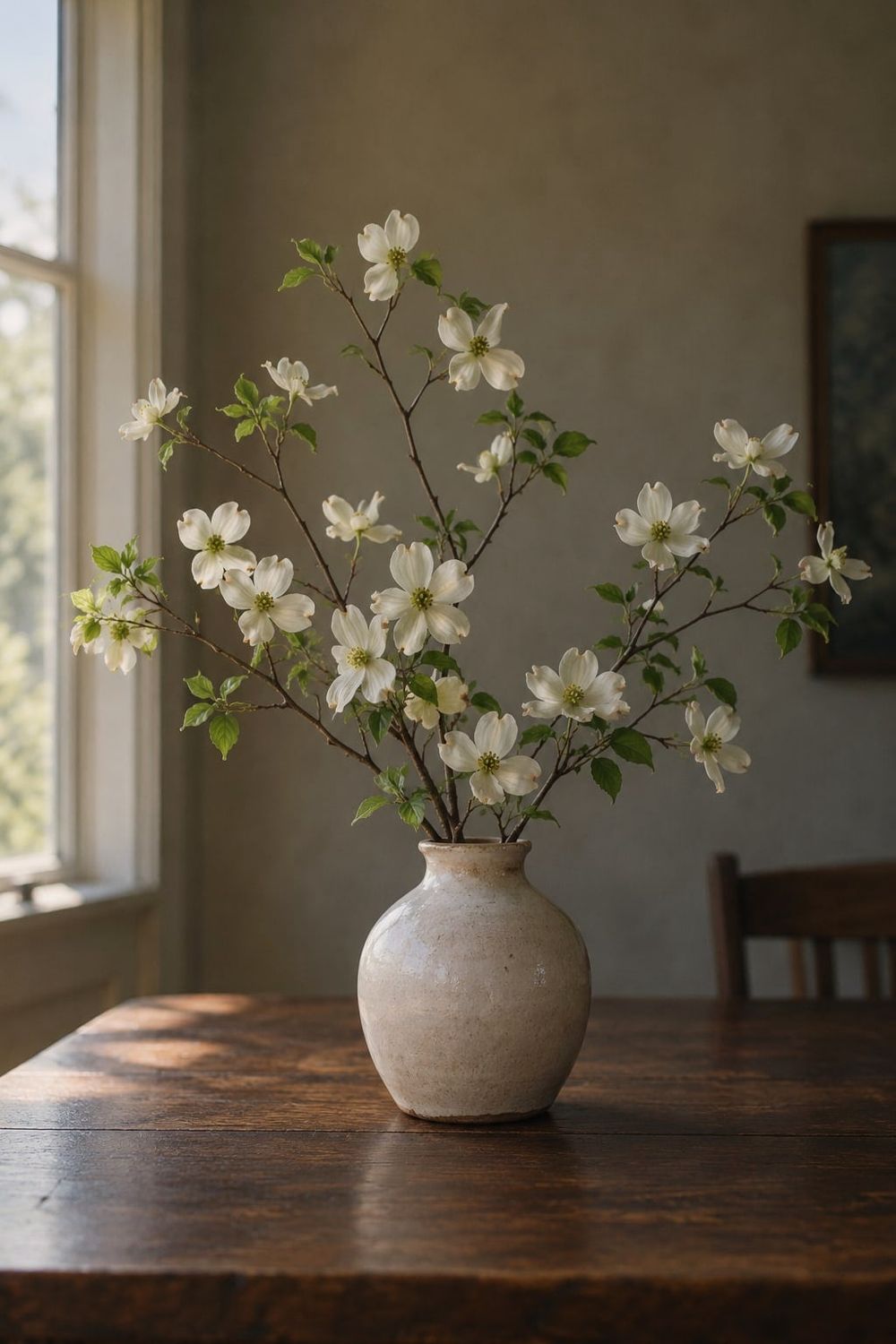 Flowering dogwood branches, Virginia's state flower, in a ceramic vase