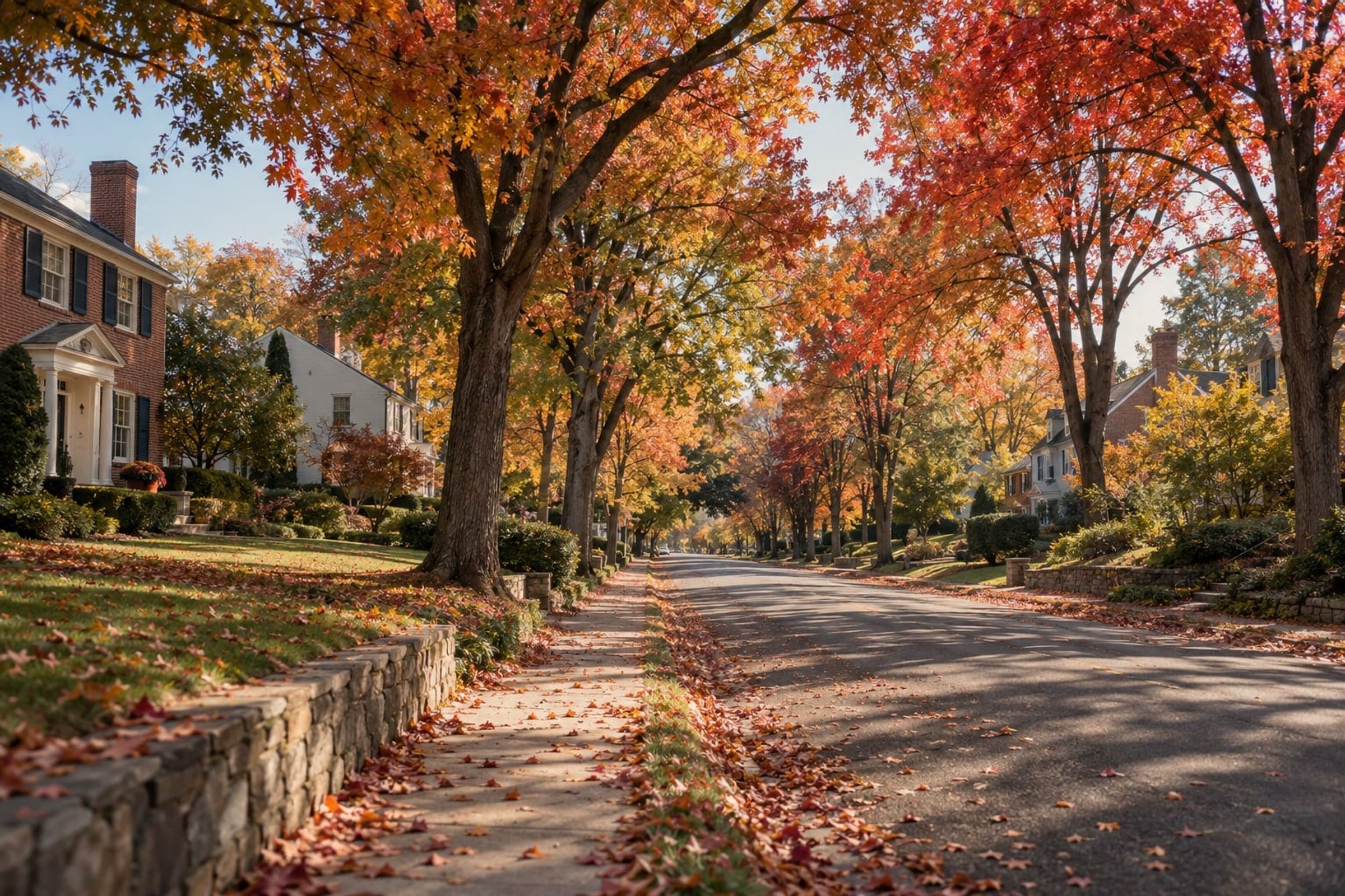 A leafy street of brick houses under red and gold maples in autumn