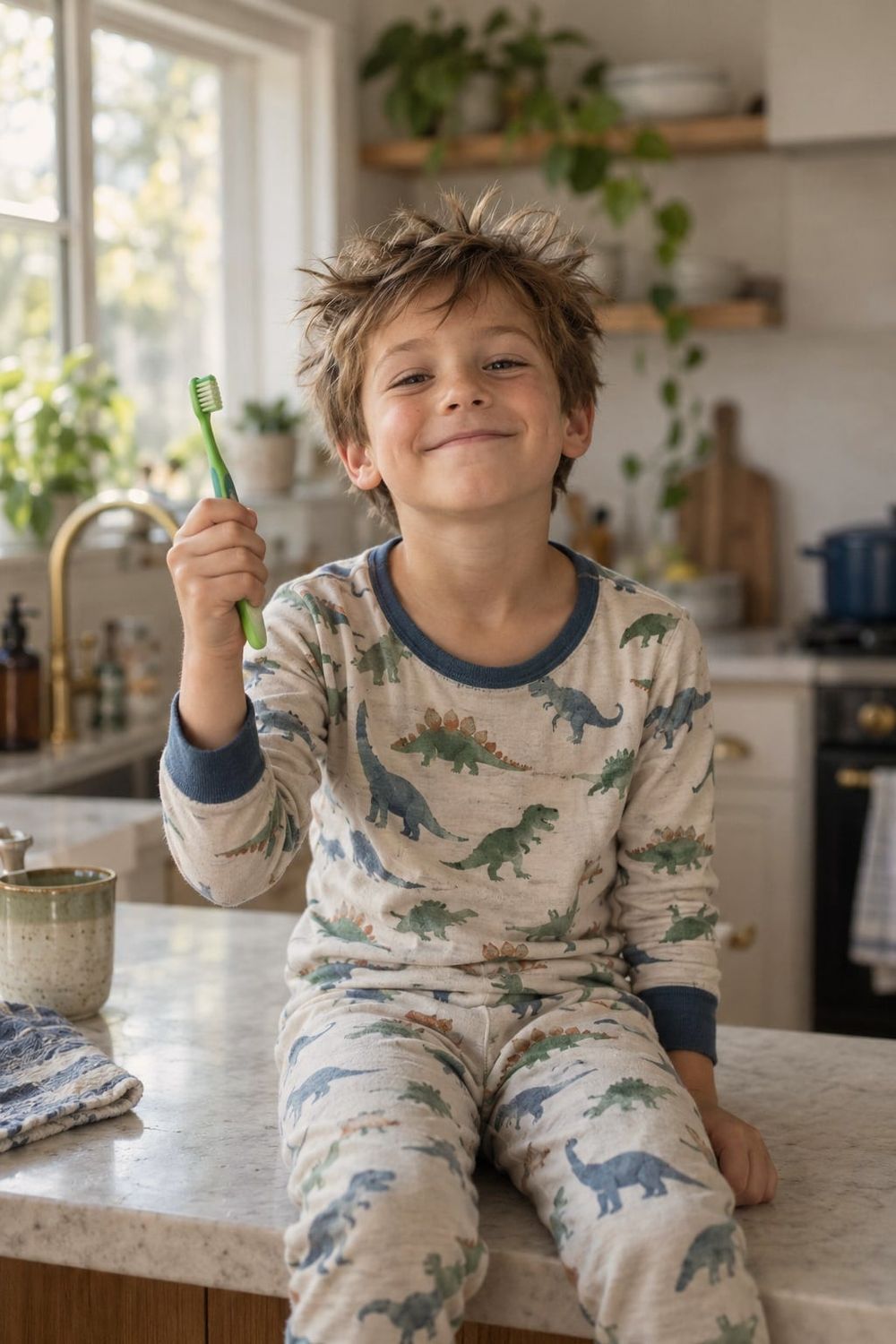 A smiling six-year-old boy holding up a small toothbrush