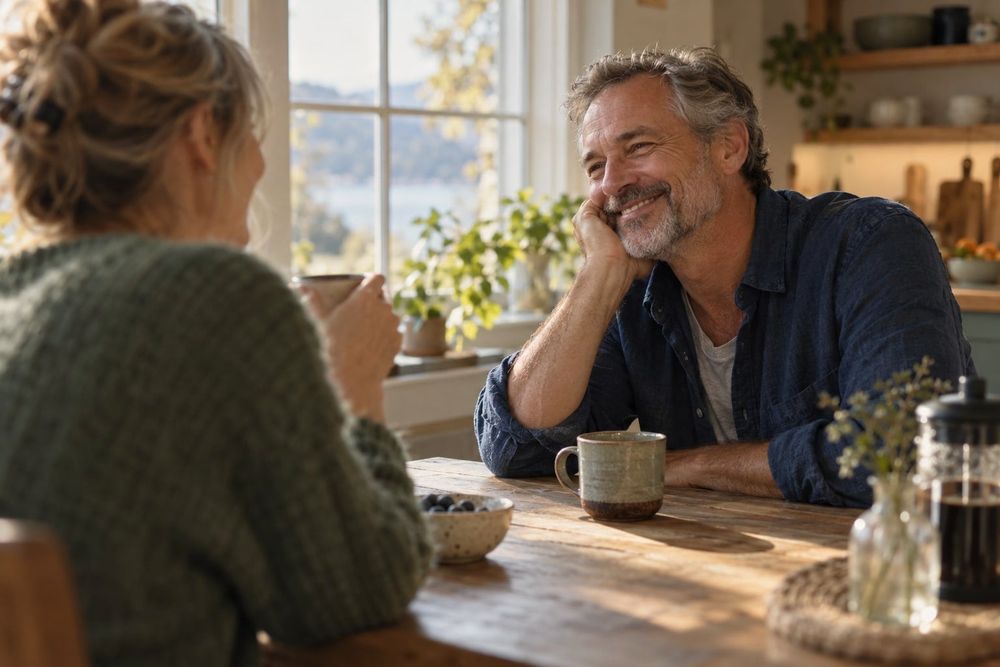 A man laughing over coffee at a kitchen table