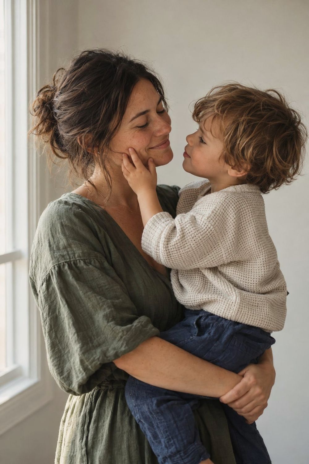 A mother holding her toddler by a window