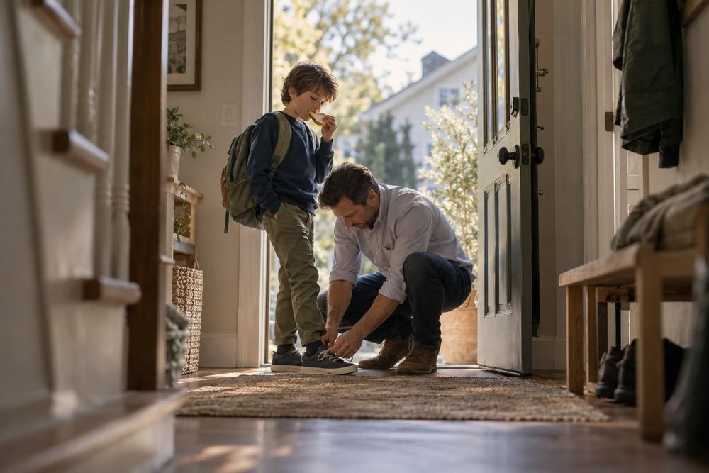 A father kneels to tie his son's shoe at the front door before school