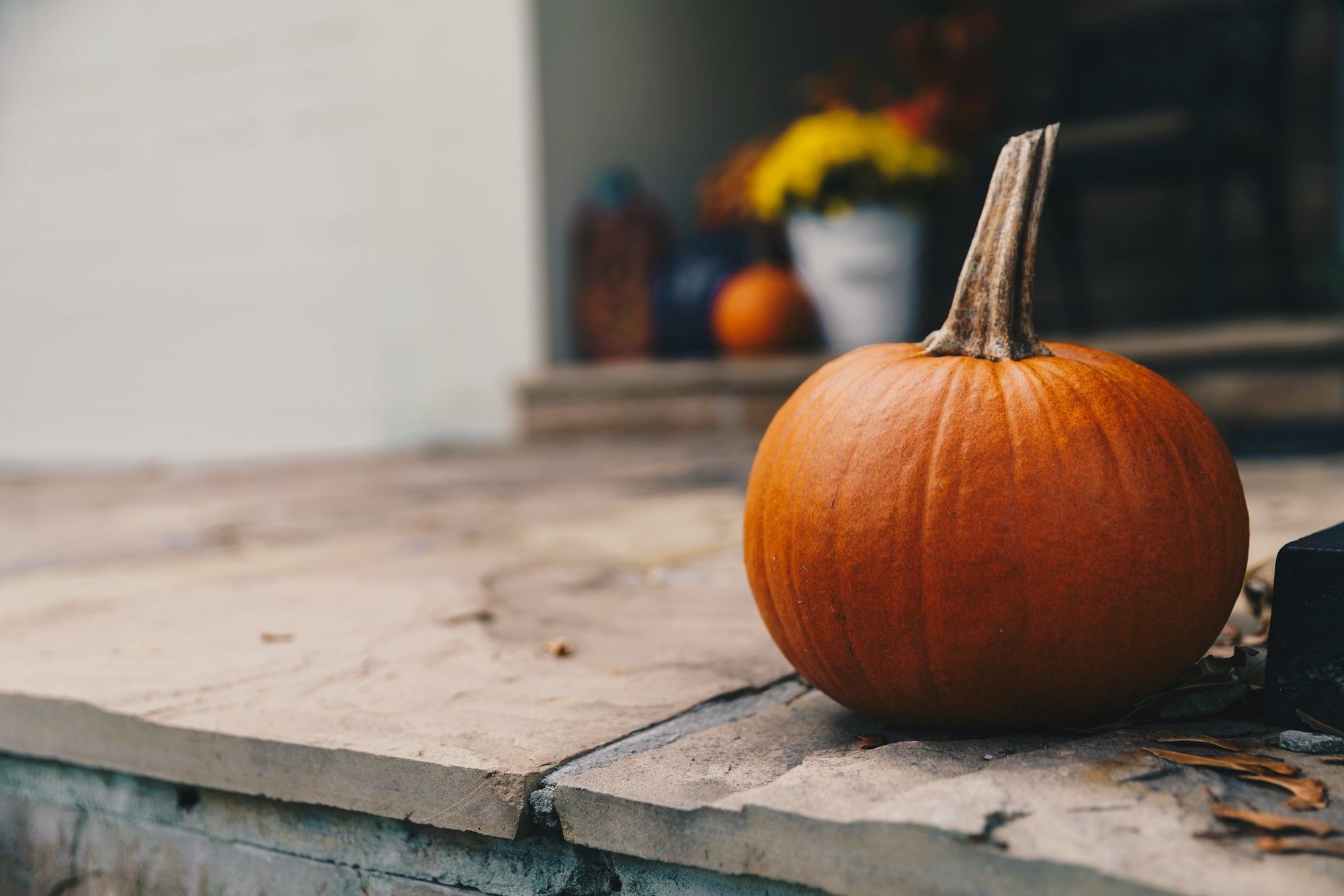 A small pumpkin on a stone front step in autumn