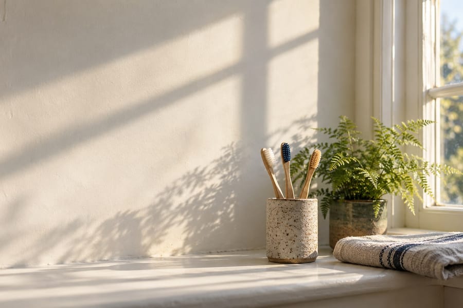 Bamboo toothbrushes in a stoneware cup on a sunny windowsill