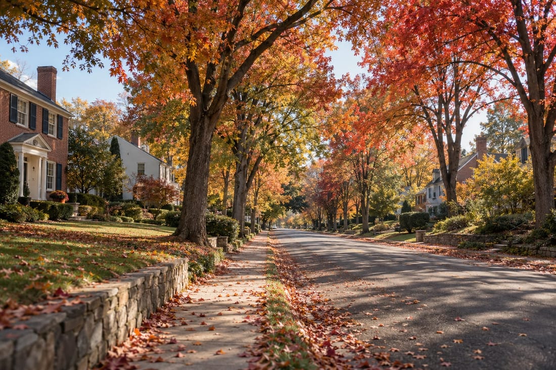 A tree-lined street with red maples in autumn