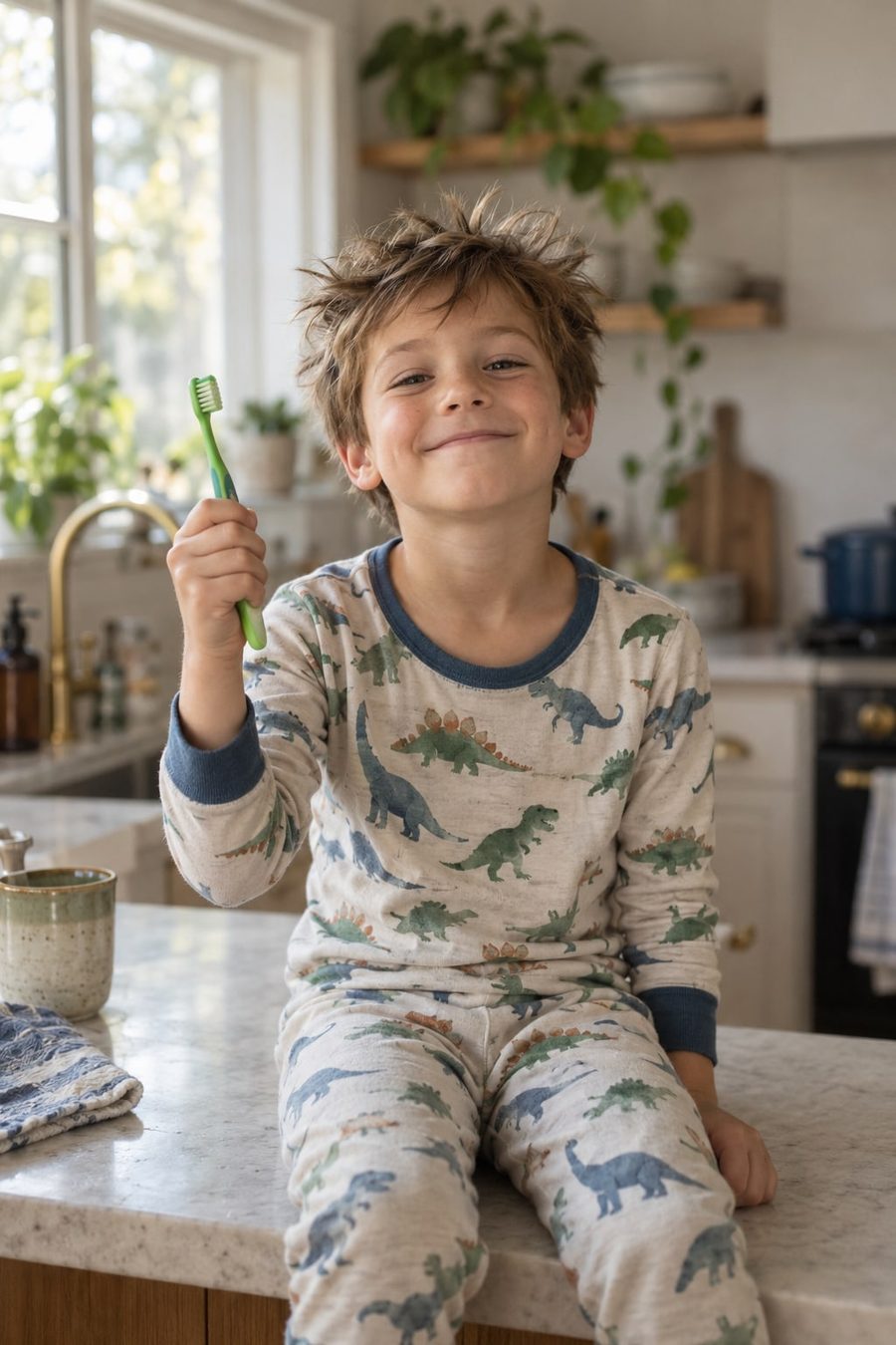 A grinning six-year-old boy holding up a small toothbrush