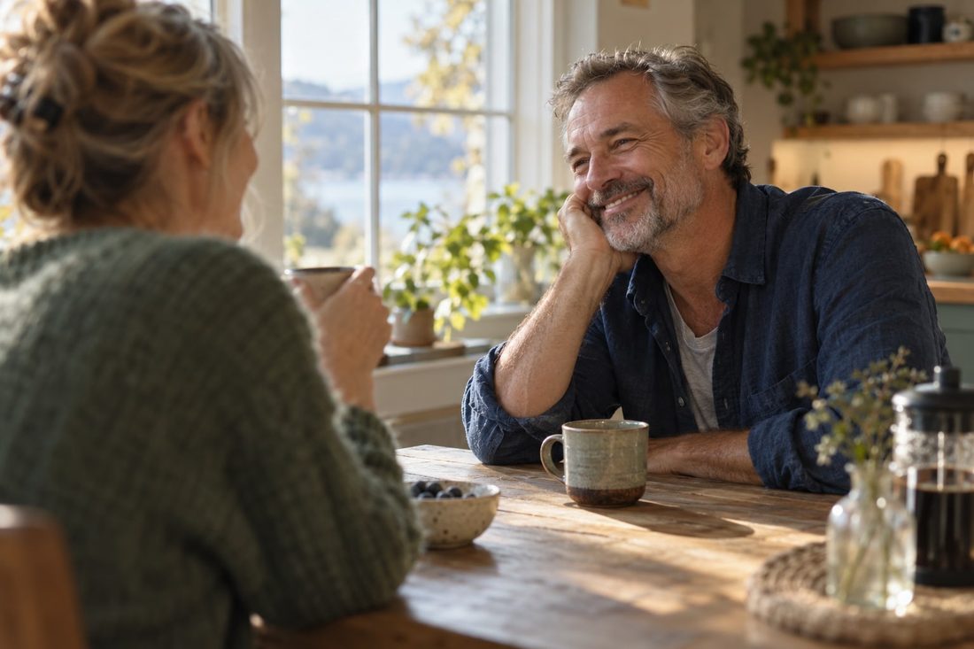 A man in his fifties laughing over coffee at a kitchen table